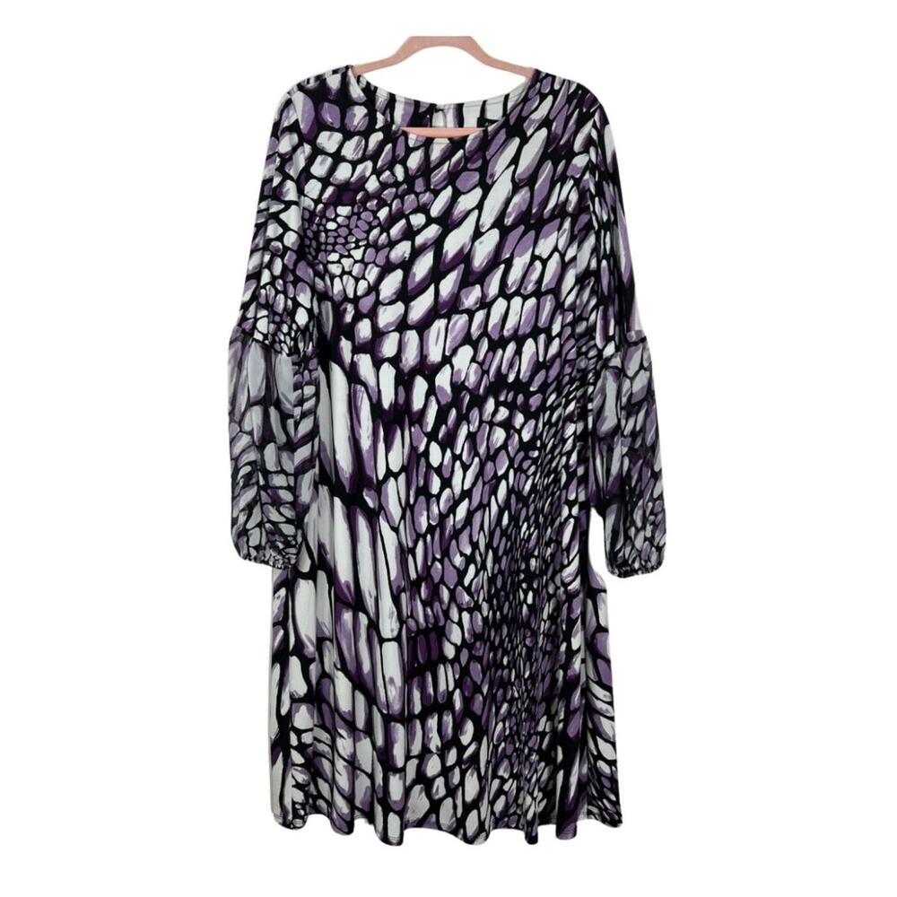 Ashley Stewart Black Purple White Long Sleeve Pullover Shift Midi Dress Size 14